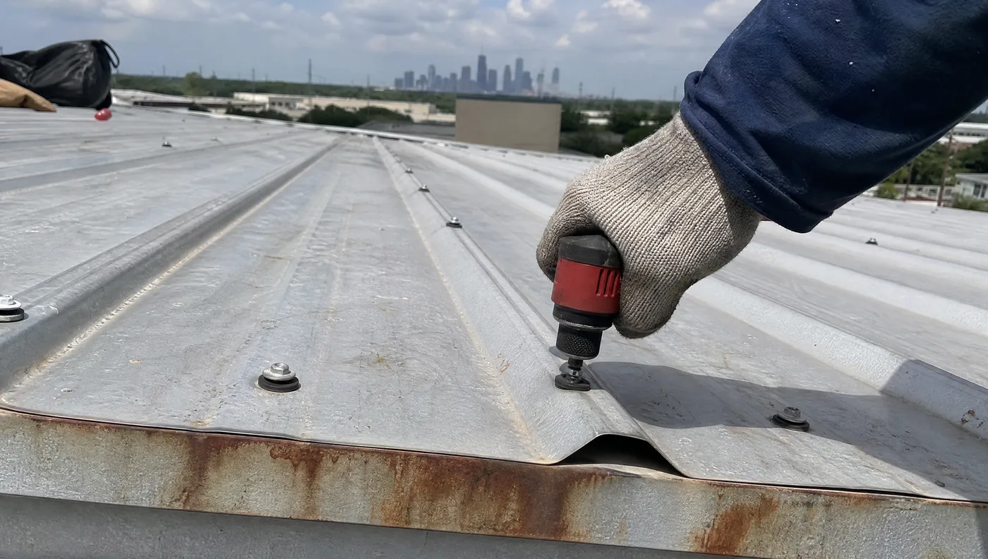 Standing seam metal roof panels and sheet metal flashing on a Houston industrial building