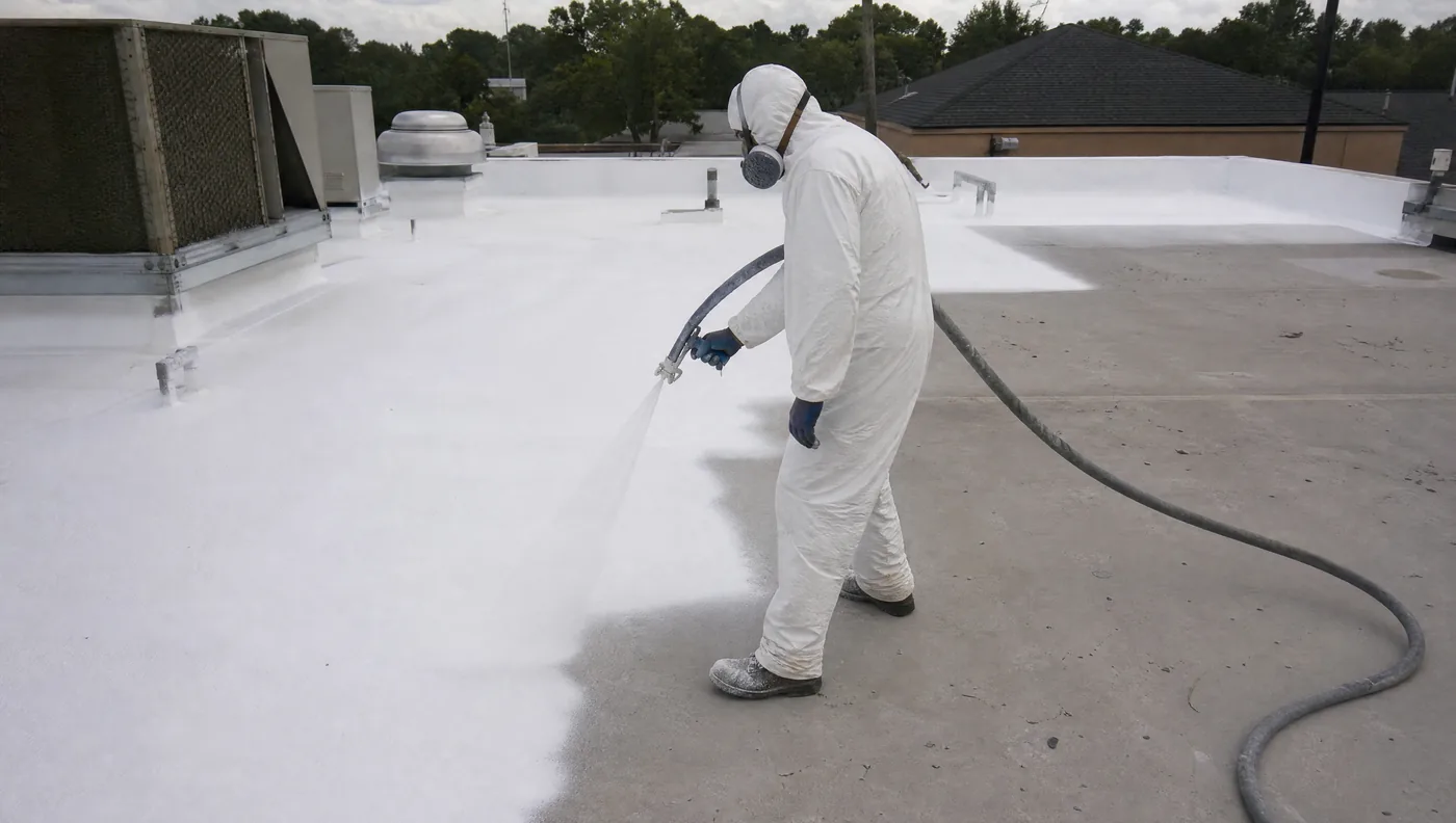 Spray-applied silicone roof coating being installed over a Houston commercial roof