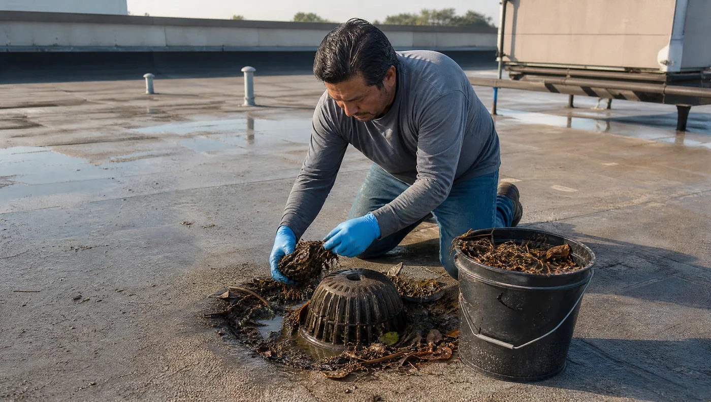 Roofing technician clearing a blocked roof drain on a Houston commercial building