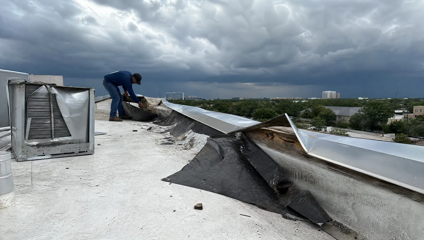 Hail bruising and wind-lifted membrane on a Houston commercial roof after a storm