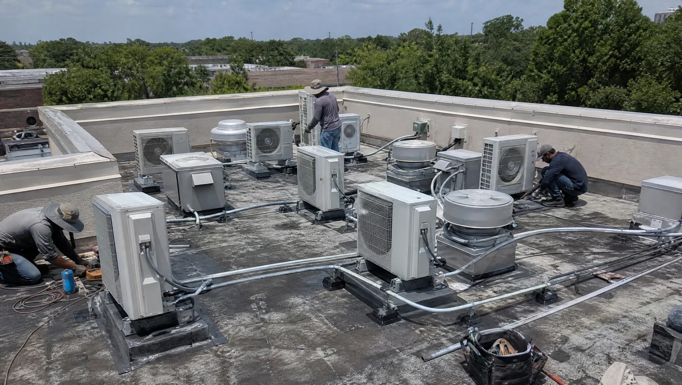 Low-slope commercial roof on a medical office building in Bellaire, Texas