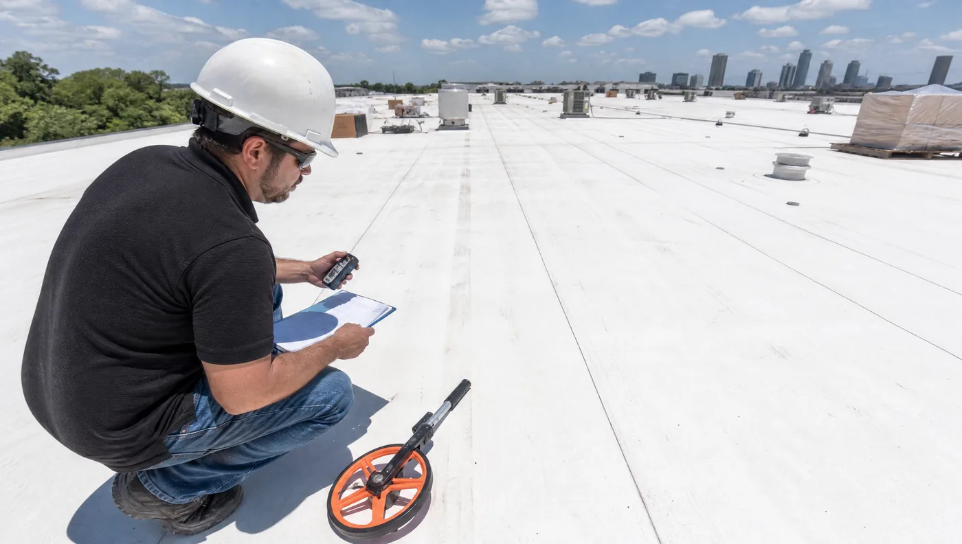 Commercial roofing crew measuring and pricing a low-slope roof in Houston TX
