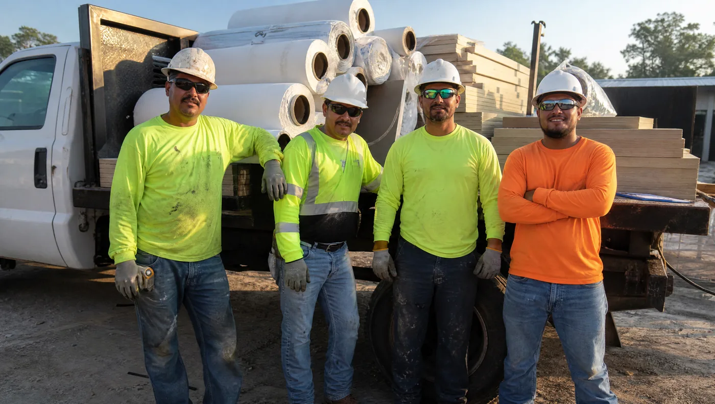 Commercial roofing crew and truck on a Houston jobsite