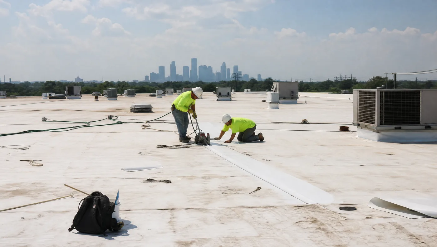 Commercial roofing crew installing TPO membrane on a Houston warehouse roof