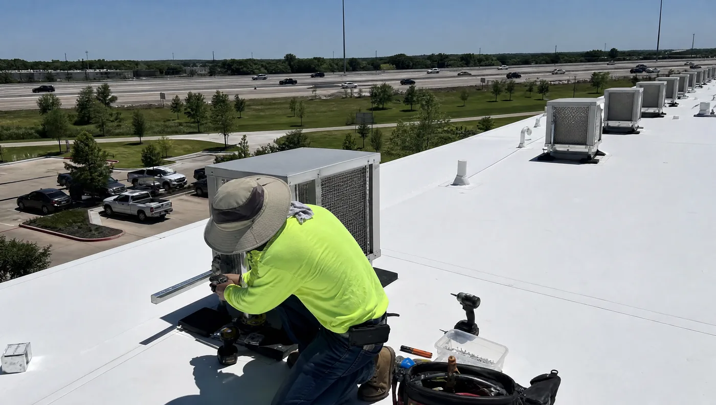 Class A office and distribution building roofs in the Katy and Energy Corridor area