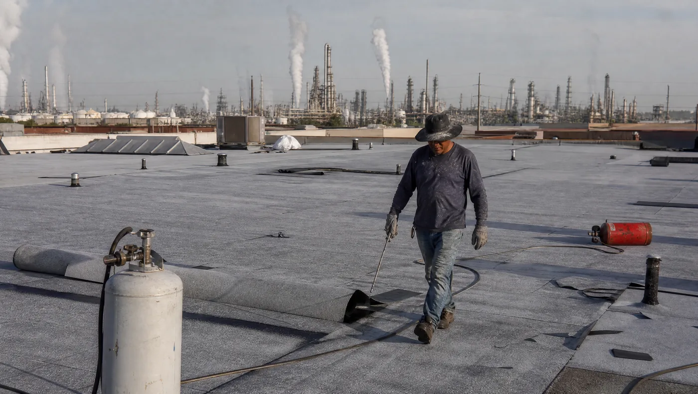 Industrial commercial roof with process equipment in Pasadena, Texas