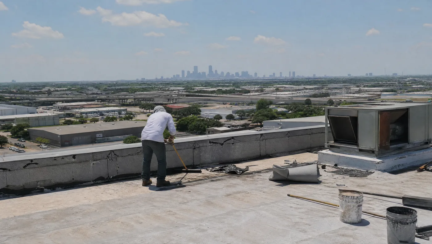 View across the Houston metro from a commercial rooftop, downtown on the horizon