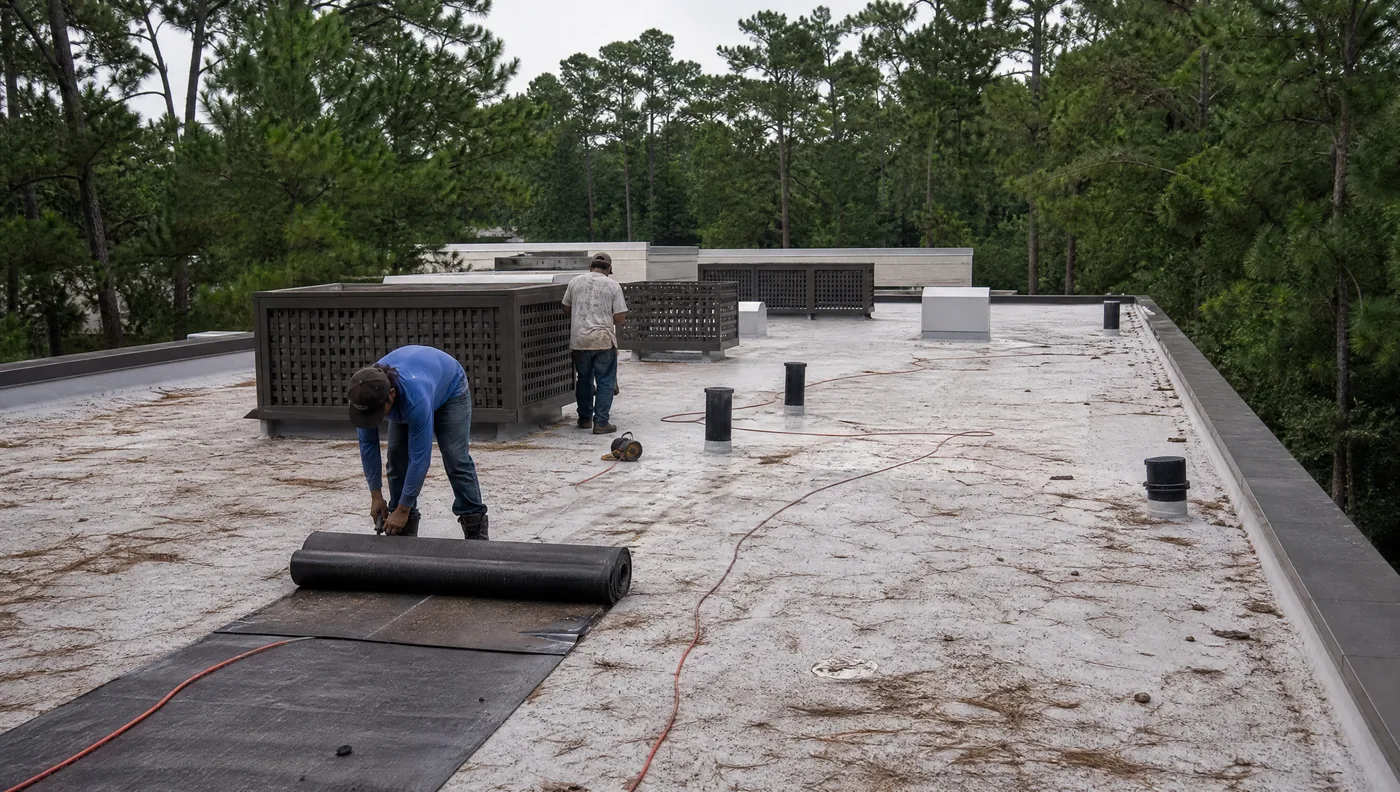 Class A office building roofs at Hughes Landing in The Woodlands, Texas