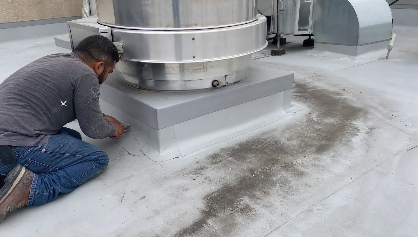 PVC membrane roof with welded flashing details on a Houston restaurant building