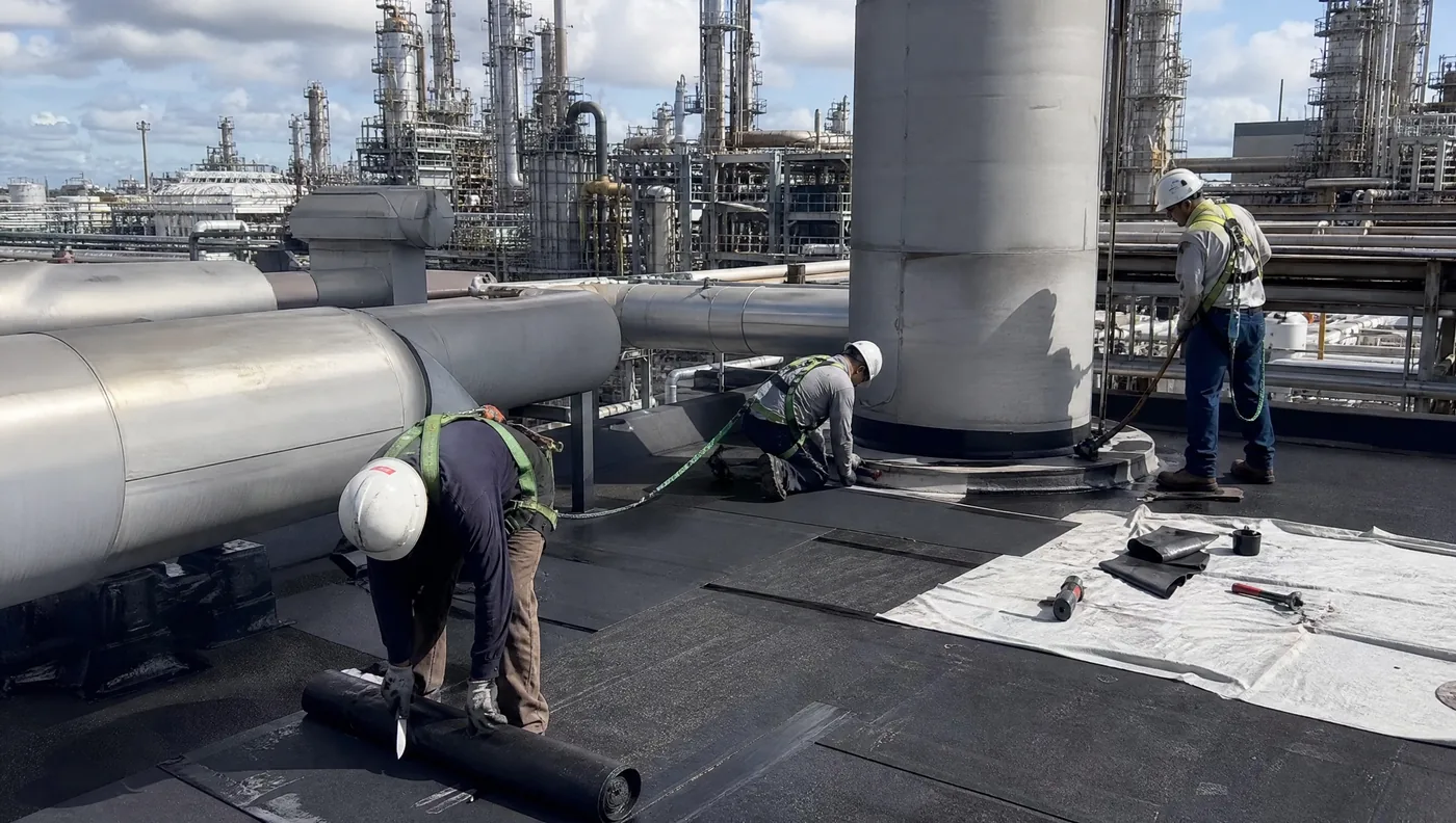Industrial roofing crew working around process equipment on a Houston plant roof