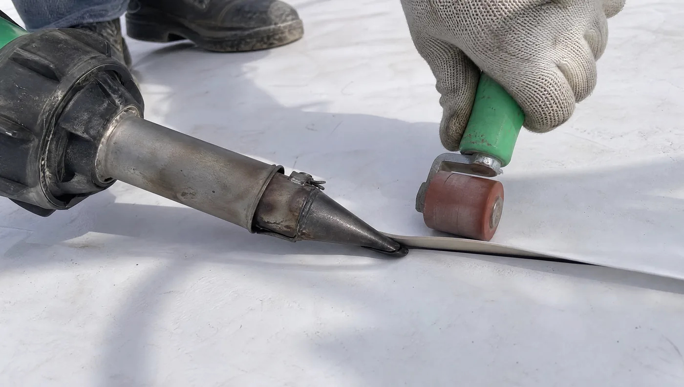 Hot-air welding a TPO membrane seam on a Houston commercial roof